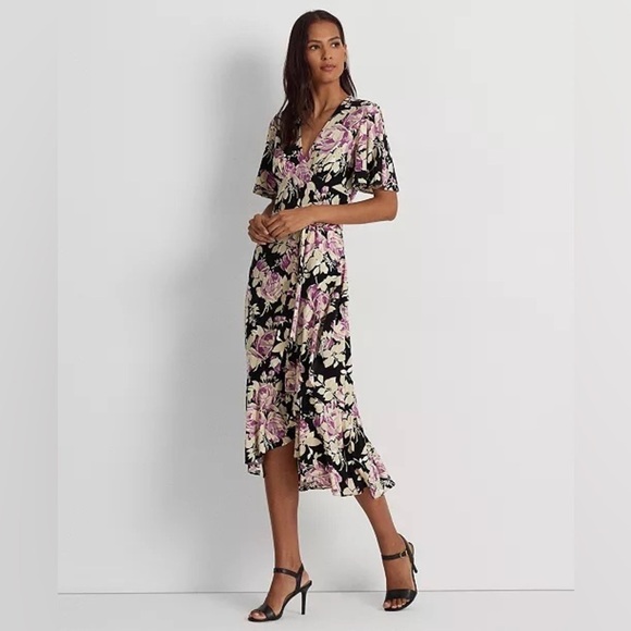 Lauren Ralph Lauren Dresses & Skirts - Lauren Ralph Lauren Floral Belted Faux Wrap Purple Cream Black Jersey Dress 4